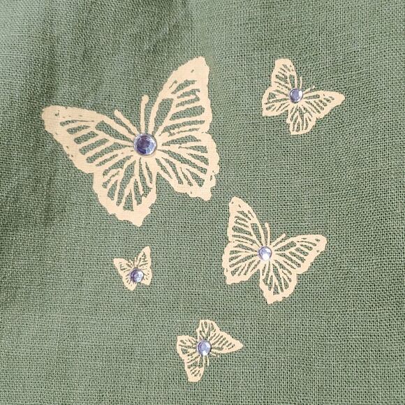 🔹️Derek Heart Green w/Yellow Rhinestone Butterflies Linen Blend Pants Large - Picture 4 of 8